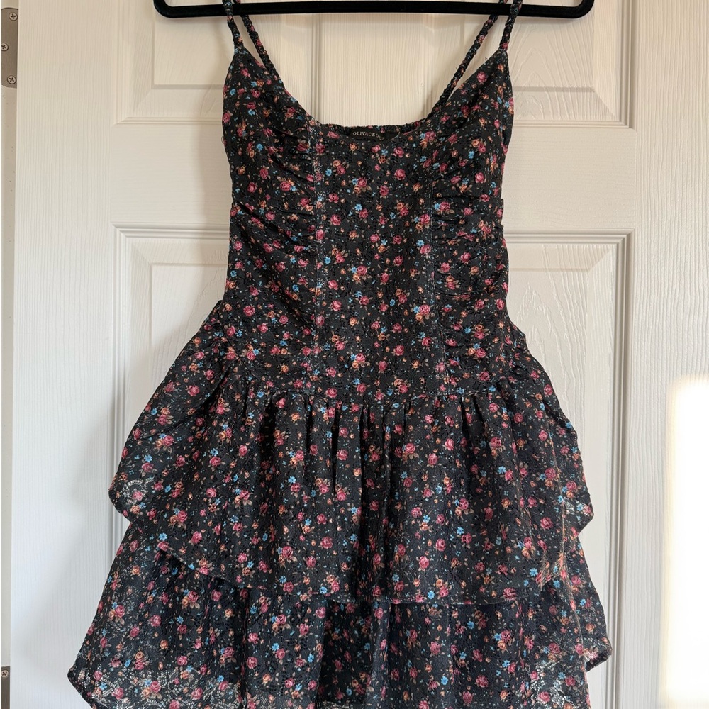 Olivaceous Black Mini Dress with Pink and Blue Floral